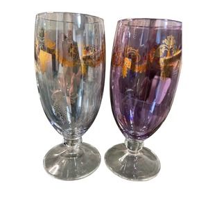 2 Vintage Italian Stemmed Goblets Jewel Tone 24k Embellished Hand Blown Crystal